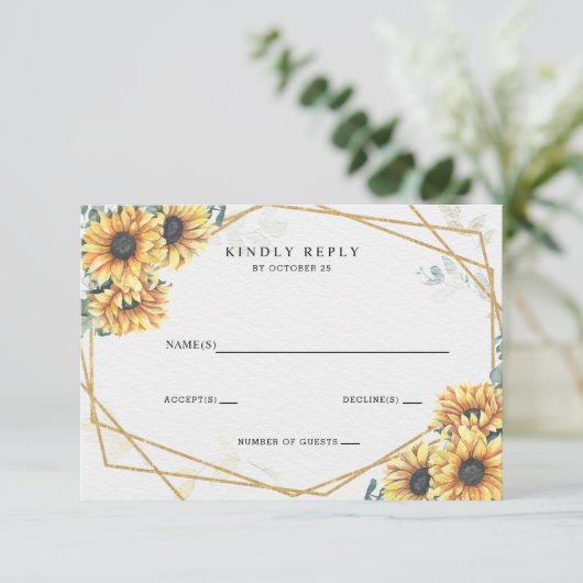 Sunflower Rustic Elegant Geometric Gold Wedding RSVP Kaartje (Staand voorkant)