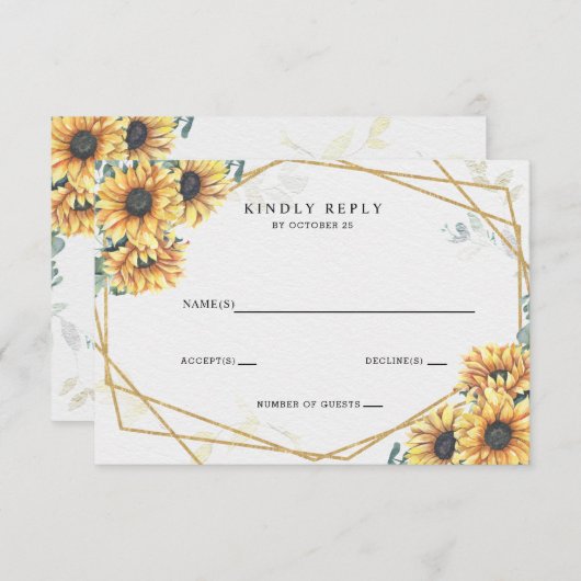 Sunflower Rustic Elegant Geometric Gold Wedding RSVP Kaartje (Voorkant / Achterkant)