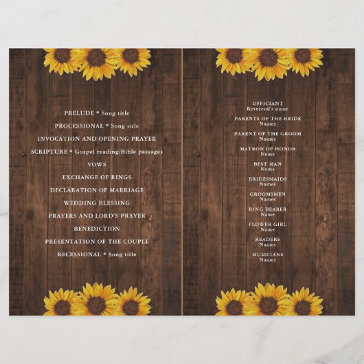 Sunflower Rustic Folded Wedding Program (Achterkant)