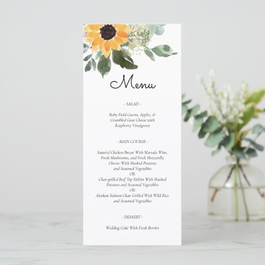 Sunflower Rustic Greenery Country Wedding Menu (Staand voorkant)