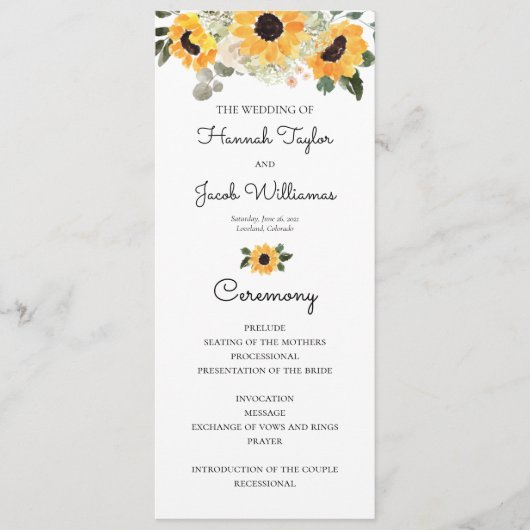 Sunflower Rustic Greenery Wedding Programme Programma (Voorkant)