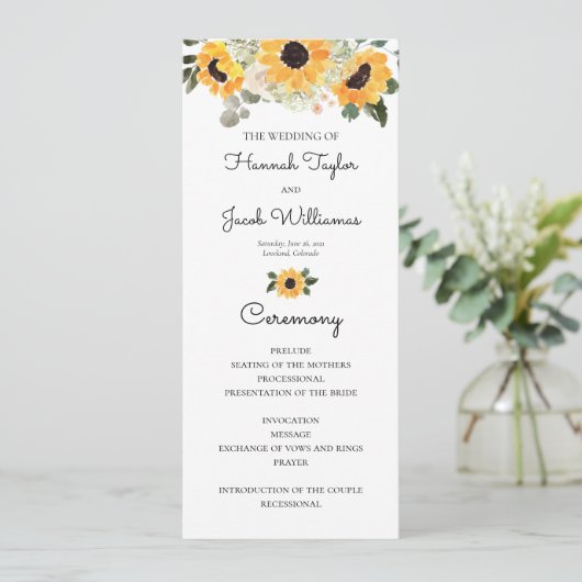 Sunflower Rustic Greenery Wedding Programme Programma (Staand voorkant)