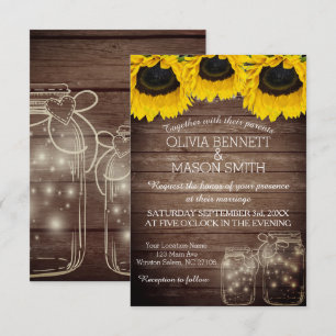 Sunflower Rustic Mason Jar lit Wedding Invitation Kaart
