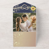 Sunflower Rustic Navy Blue Wedding All In One Uitnodiging (Buitenkant)