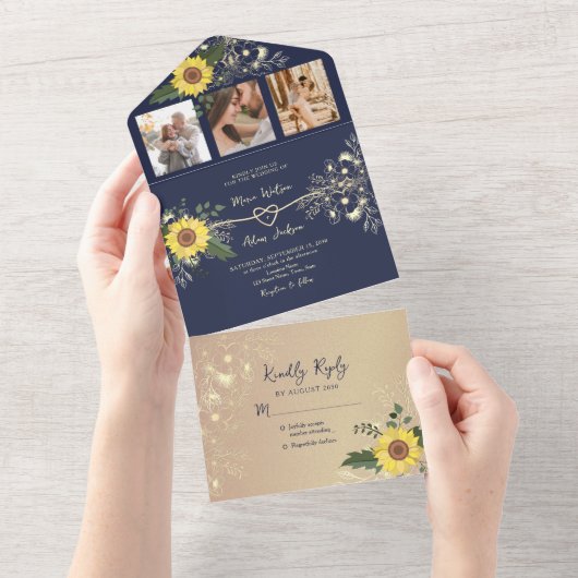 Sunflower Rustic Navy Blue Wedding All In One Uitnodiging (Afscheurbaar)