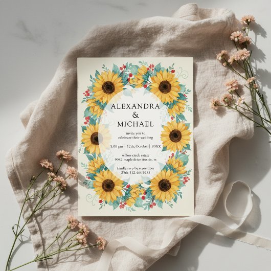 Sunflower Rustic Wedding Invitation Floral Kaart
