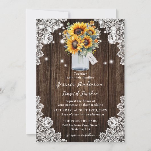 Sunflower Rustic Wood Lace Mason Jar Wedding Kaart (Voorkant)