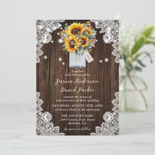 Sunflower Rustic Wood Lace Mason Jar Wedding Kaart (Staand voorkant)