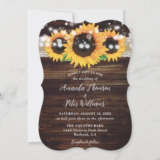 Sunflower Rustic Wood String Lights Wedding Kaart (Voorkant)