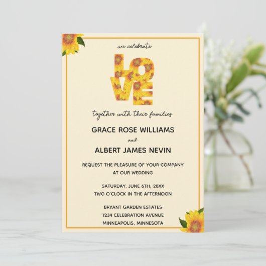 Sunflower Simple Elegant LOVE Faire-part de mariag (Debout devant)
