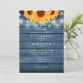 Sunflower String Lights Blue Rustic Wood Weddensch Kaart (Staand voorkant)