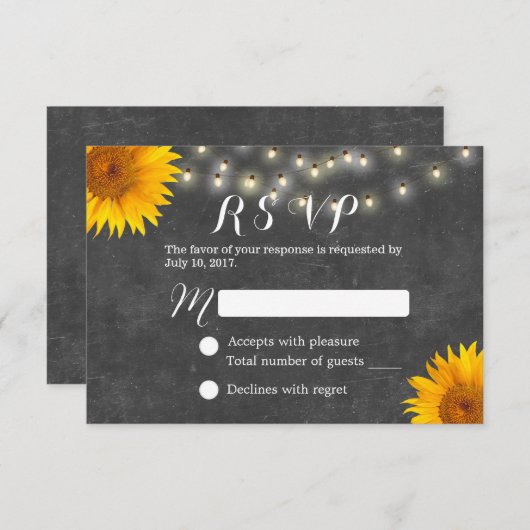 Sunflower & String Lights Chalkboard Wedding RSVP (Devant / Derrière)