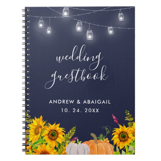 Sunflower String Lights Rustic Wedding Guestbook Notitieboek (Voorkant)