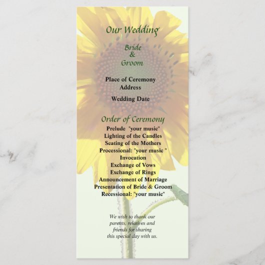Sunflower Sunbathing Wedding Programme Programma (Voorkant)