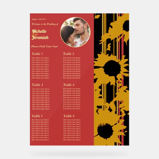 Sunflower Sunset Coral Gold Wedding Seat Chart (Recto)