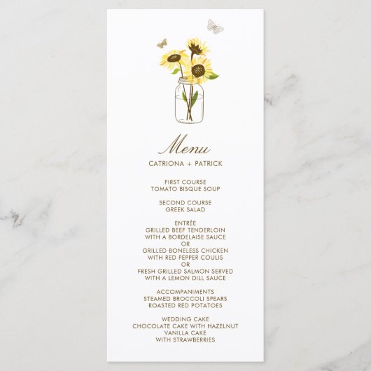 Sunflower sur Mason Jar Floral Mariage Carte menu (Devant)