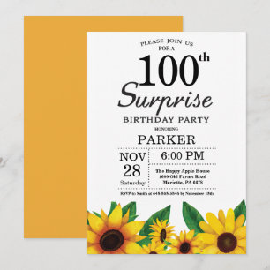 Sunflower Surprise 100e anniversaire Invitation