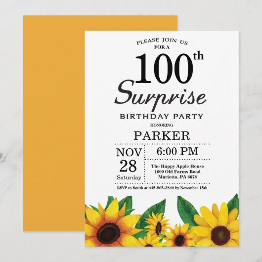 Sunflower Surprise 100ste verjaardag Uitnodiging (Voorkant / Achterkant)