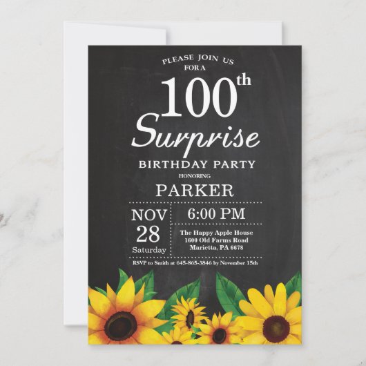 Sunflower Surprise 100ste verjaardag Uitnodiging (Voorkant)
