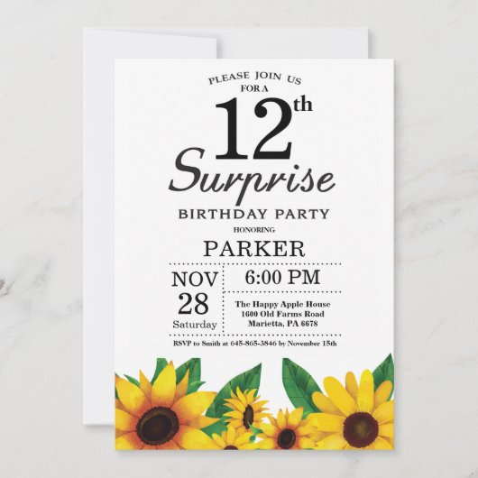 Sunflower Surprise 12th Birthday Invitation Kaart (Voorkant)