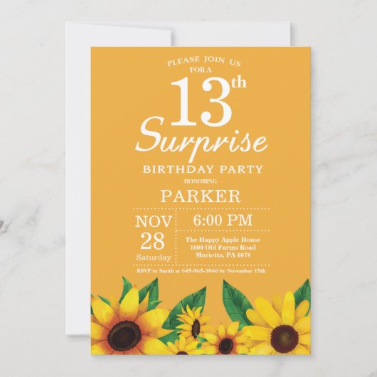 Sunflower Surprise 13th Birthday Invitation Kaart (Voorkant)