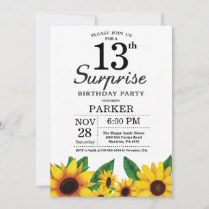 Sunflower Surprise 13th Birthday Invitation Kaart