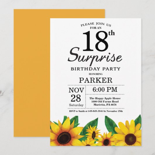 Sunflower Surprise 18e anniversaire Invitation (Devant / Derrière)