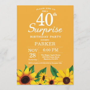 Sunflower Surprise 40th Birthday Invitation Kaart