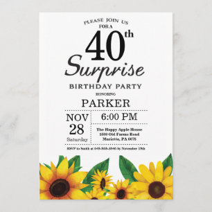 Sunflower Surprise 40th Birthday Invitation Kaart
