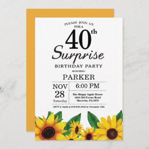 Sunflower Surprise 40th Birthday Invitation Kaart