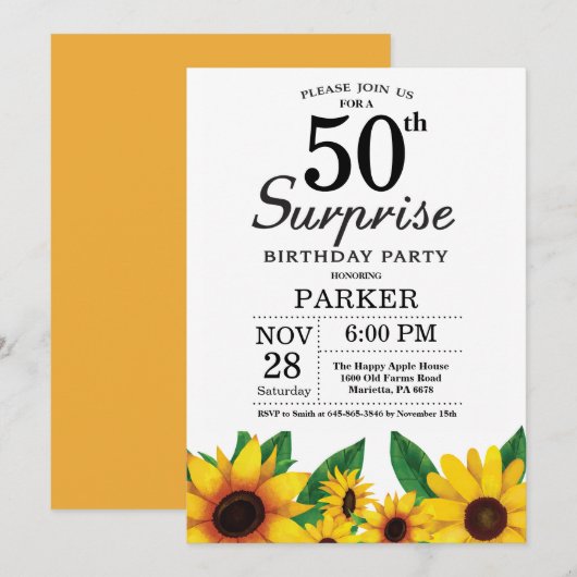 Sunflower Surprise 50th Birthday Invitation Kaart (Voorkant / Achterkant)