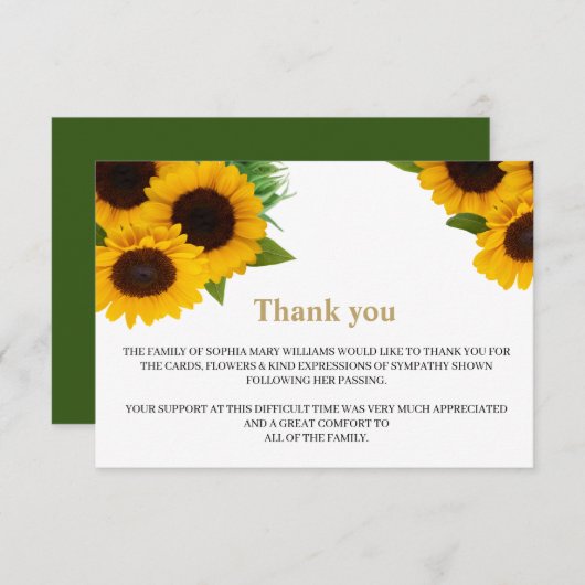 Sunflower Sympathy Funeral Merci Note (Devant / Derrière)