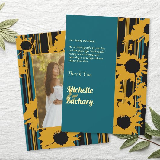 Sunflower Teal Blue Gold Modern Wedding Bedankkaart