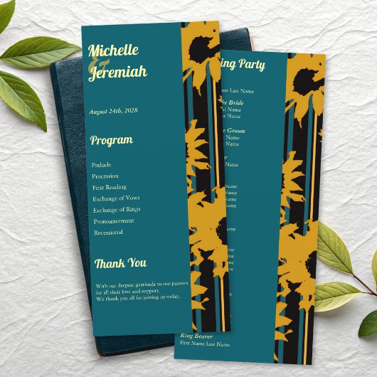 Sunflower Teal Blue Gold Modern Wedding Programma
