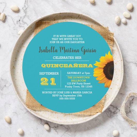 Sunflower Turquoise Round Quinceañera Invitation