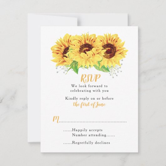 Sunflower Wedding Carte RSVP Aquarelle Floral (Devant)