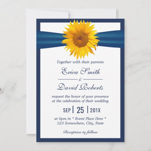 Sunflower Wedding Elegant Navy Blue Ribbon minima Kaart (Voorkant)