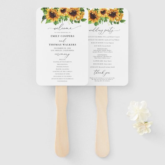Sunflower Wedding Program Hand Fan Handwaaier (Voorkant en achterkant)