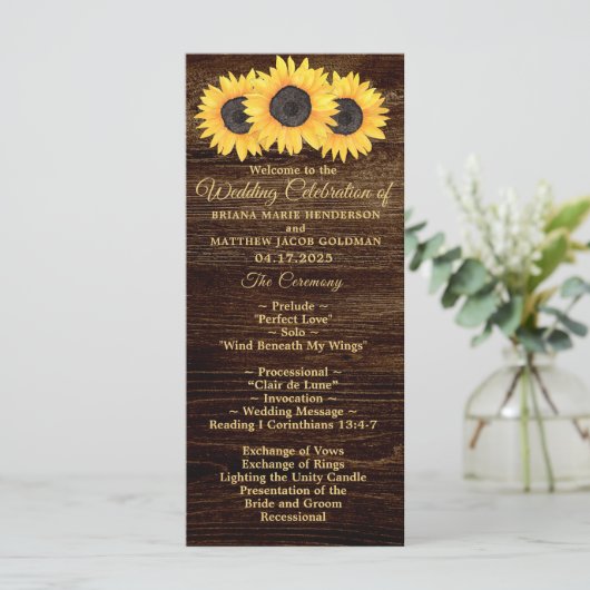 Sunflower Wedding Programme on Wood Country Floral Programma (Staand voorkant)