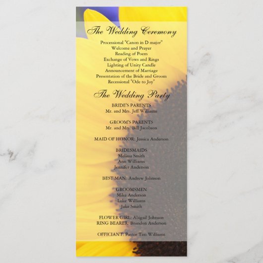 Sunflower Wedding Programme Programma (Achterkant)