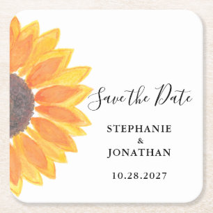 Sunflower Wedding Save the Date Vierkante Kartonnen Onderzetter