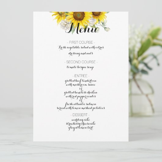 Sunflower white rose rustic wedding menu (Debout devant)