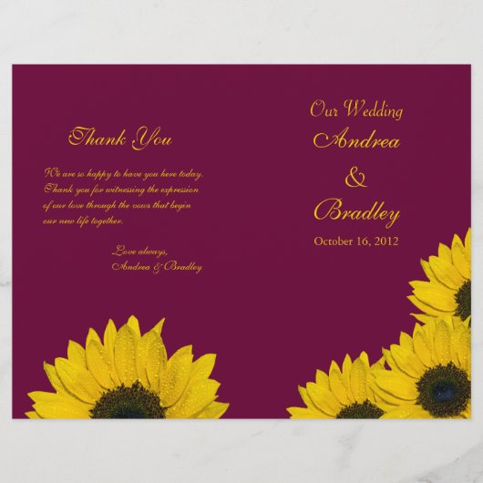 Sunflower Wine Yellow Wedding Programme (Devant)