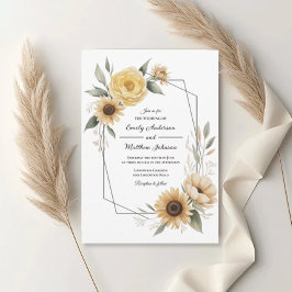 Sunflower Yellow Floral Frame Wedding Invitation Kaart