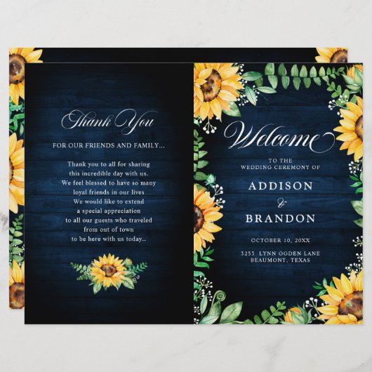 Sunflowers Bébé's Breath Navy Programme de mariage (Devant / Derrière)