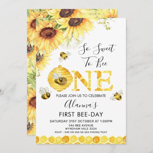 Sunflowers Bee First Bee Day Invitation Anniversai (Devant / Derrière)