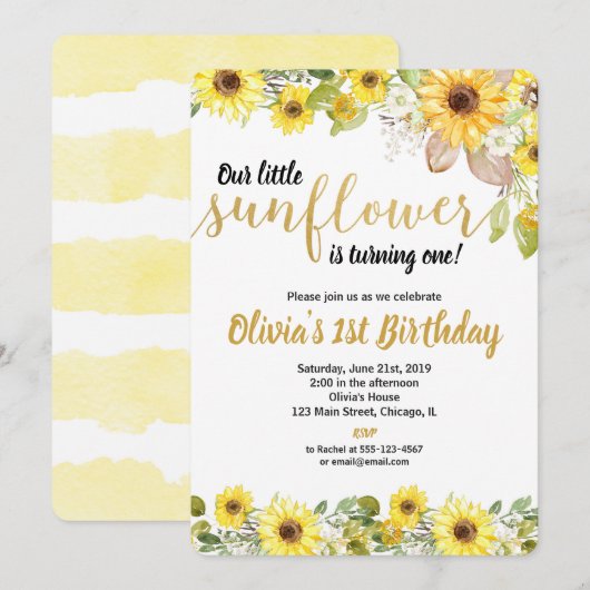 Sunflowers birthday party invitation for girl (Devant / Derrière)