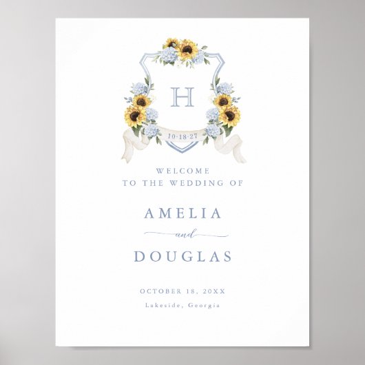 Sunflowers Blue Hydrangea Crest Affiche de bienven (Devant)