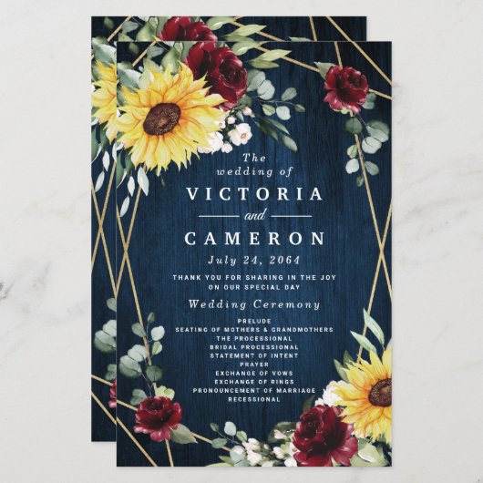Sunflowers Bourgogne Rose Programmes de mariage (Devant / Derrière)