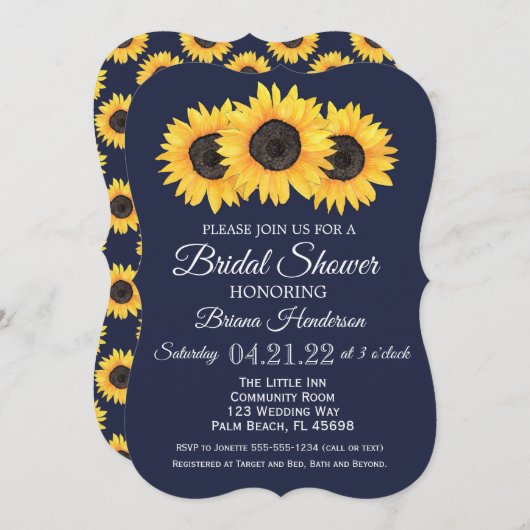 Sunflowers Bridal Showbacks Invitations Pays Bleu (Devant / Derrière)